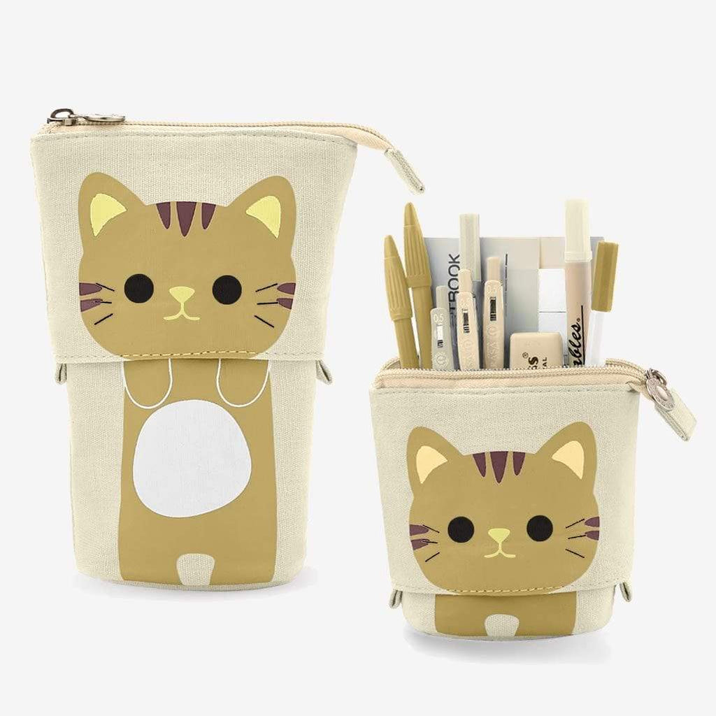 Cute Cat Sliding Pencil Case with pens, brown color, made by PushCases