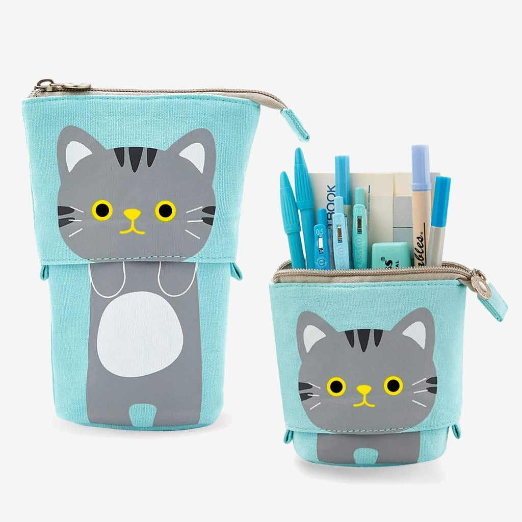 Cute Cat Sliding Pencil Case with pens, blue color, made by PushCases