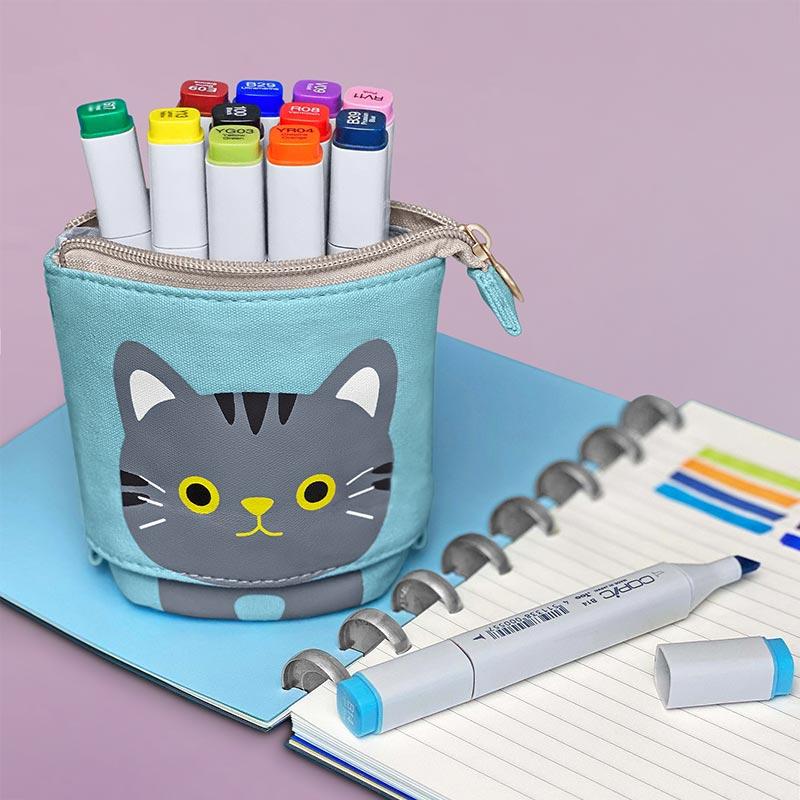 12 Copic markers organized inside a Blue Cat Sliding Pencil Case