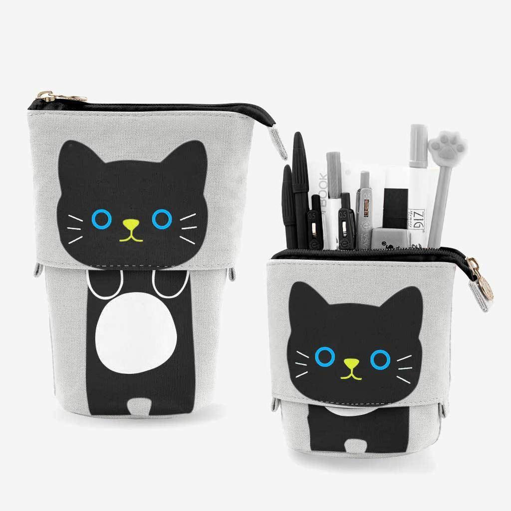 Cute Cat Sliding Pencil Case with pens, black color, made by PushCases