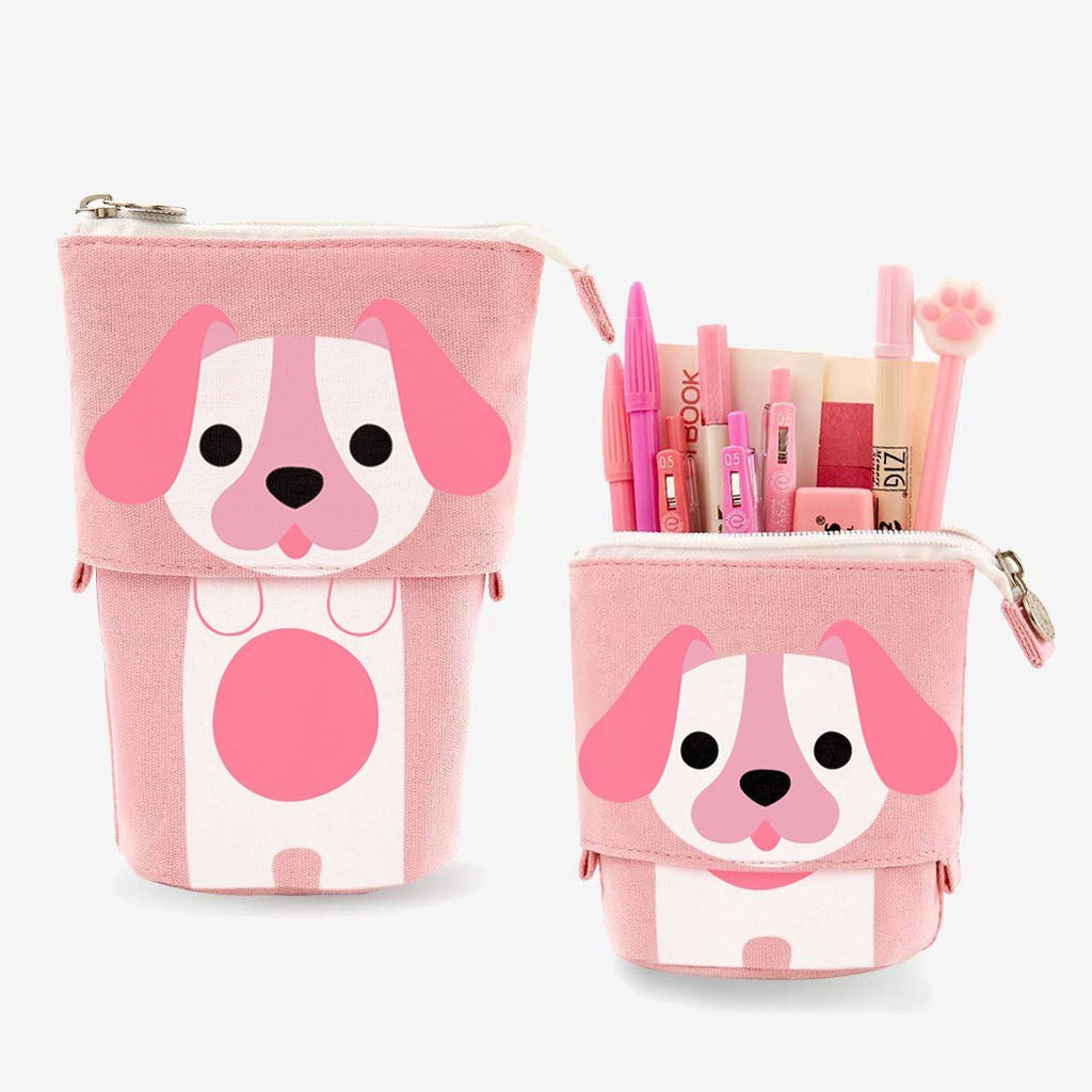 Cute Puppy Dog Sliding Pencil Case, pink color, made by PushCases