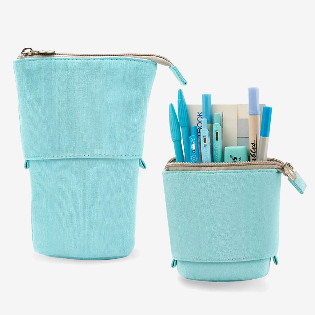 Plain Design Sliding Pencil Case with pens, blue color, made by PushCases